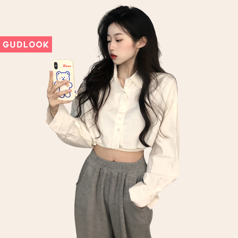 Áo Sơ Mi Croptop GUDLOOK Trắng Tay Dài Bồng Form Rộng
