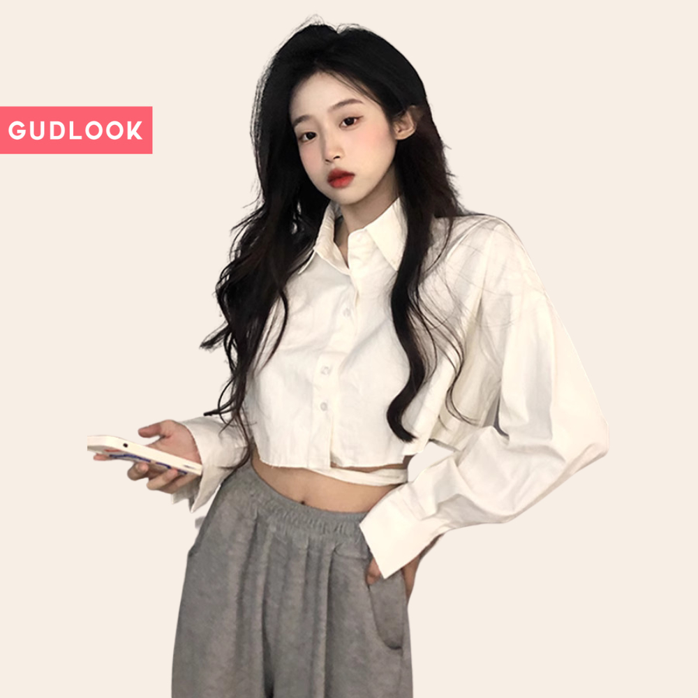 Áo Sơ Mi Croptop GUDLOOK Trắng Tay Dài Bồng Form Rộng