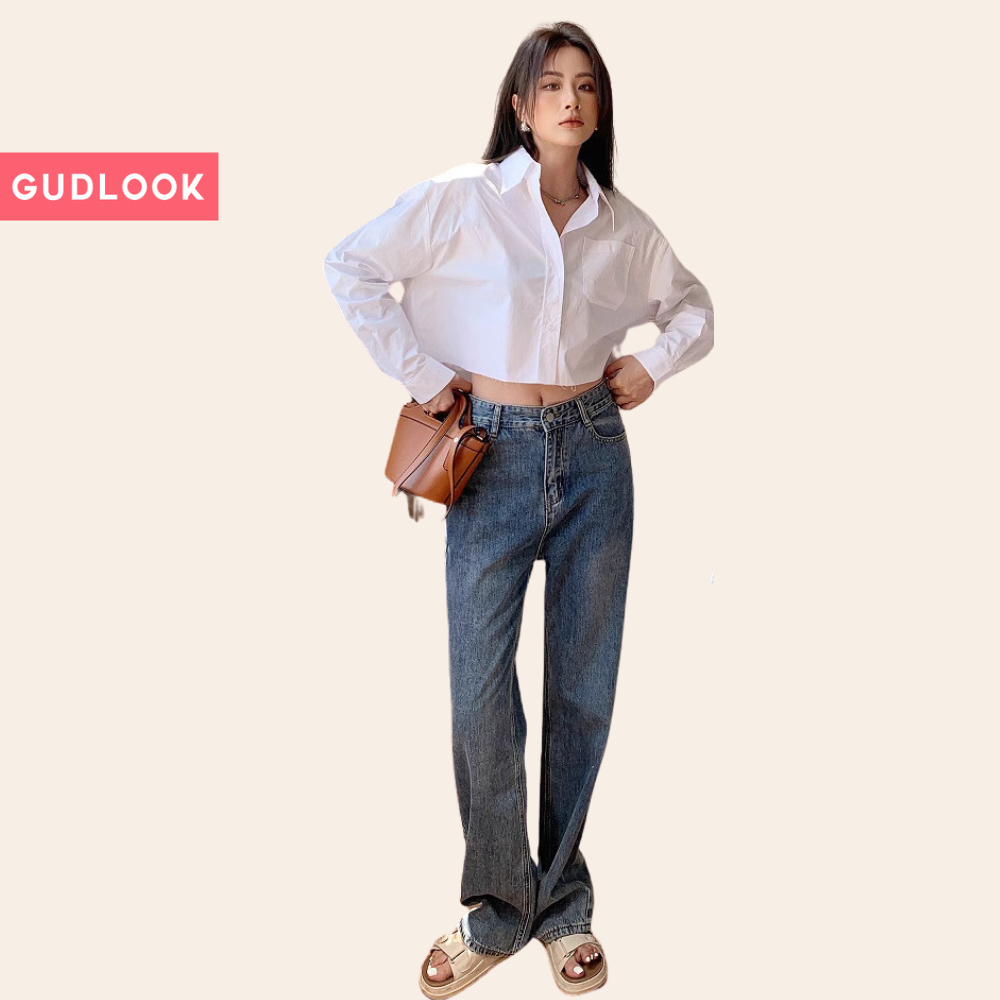 Áo Sơ Mi Croptop GUDLOOK Trắng Tay Dài Bồng Form Rộng