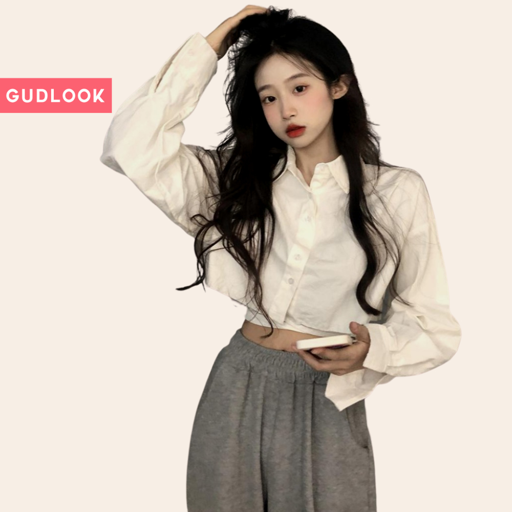 Áo Sơ Mi Croptop GUDLOOK Trắng Tay Dài Bồng Form Rộng