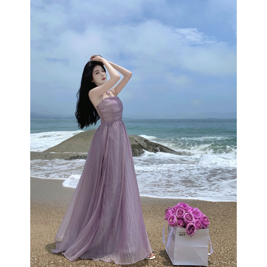 Đầm maxi 2 dây phong cách đơn giản tiểu thư Hàn Quốc, váy maxi 2 dây cúp ngực đi biển siêu xinh