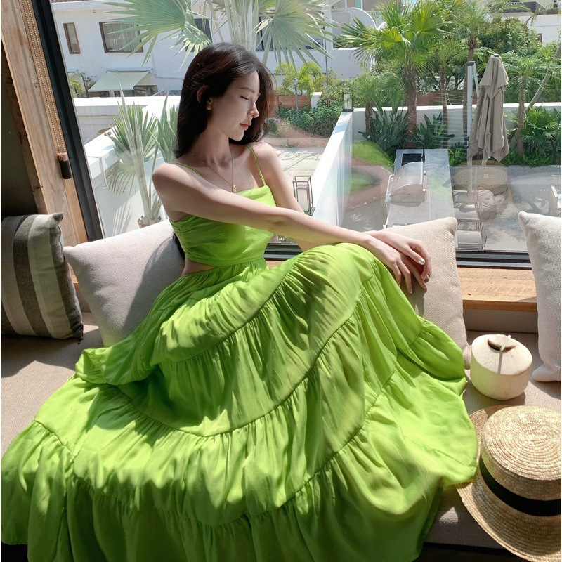Đầm maxi hai dây cut eo đi biển màu xanh phong cách đơn giản, váy maxi hai dây hở eo đi biển siêu xinh