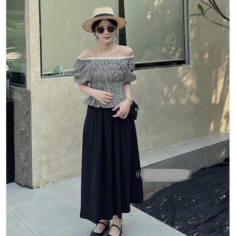 Áo Kẻ Gingham Caro Viền Ren Thân Pha Chun Phong Cách Hàn Quốc Vintage