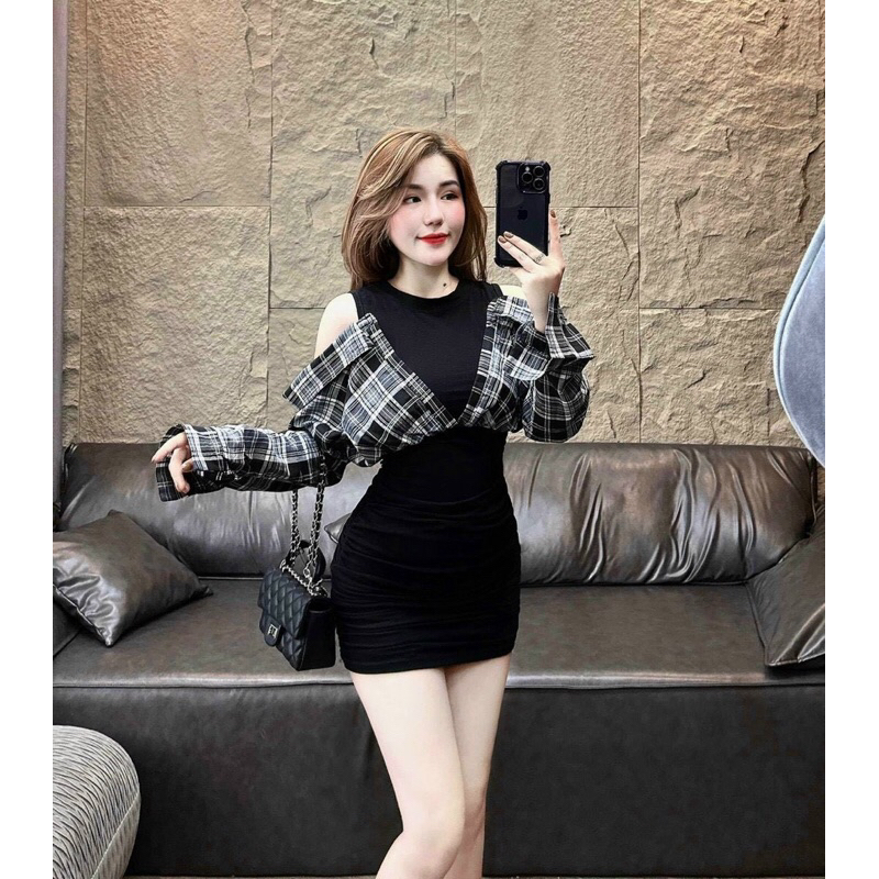 Đầm thời trang nữ mặc đi chơi chất kèm áo khoác chất liệu thun gân phố