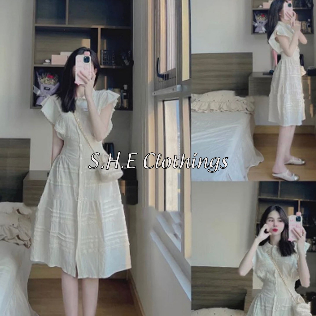 Váy Sơ Mi Tiểu Thư Phối Ren Tay Cánh Tiên Đầm Sơ Mi Bèo Tay Chun Eo Dáng Dài Freesize S091