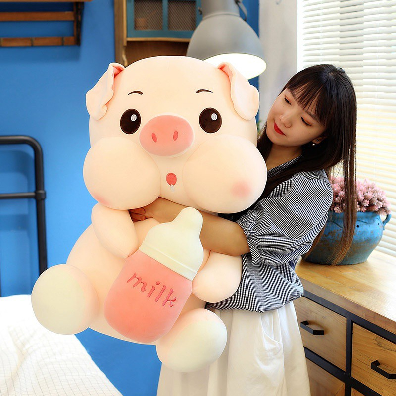 Gấu bông heo vương miện ôm hình trái tim siêu cute, Thú nhồi bông heo ôm bình sữa - Gấu bông cao cấp