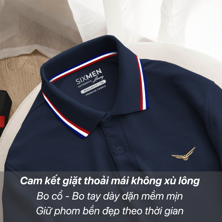 Áo polo nam cao cấp có cổ  SIXMEN 3RIM Eagle - Polo xám lam vải cá sấu cotton CVC thoáng mát