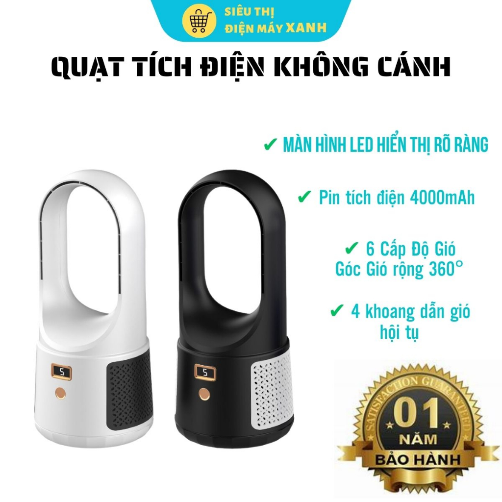 Quạt Không Cánh Tích Điện, Màn Hình Led, An Toàn, 2 Tua Bin, 6 Tốc Độ Gió, Gió Xoáy, Pin 4000 Mah, Bảo Hành 1 Năm