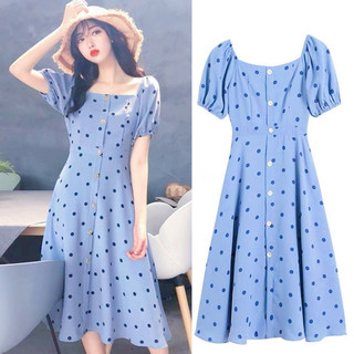 Đầm bi xanh thun vai (kèm hình thật)