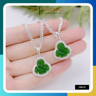 Dây chuyền/vòng cổ bạc ta, bạc s925 mặt phật di lặc đá màu xanh lá dành cho bé tims c0153