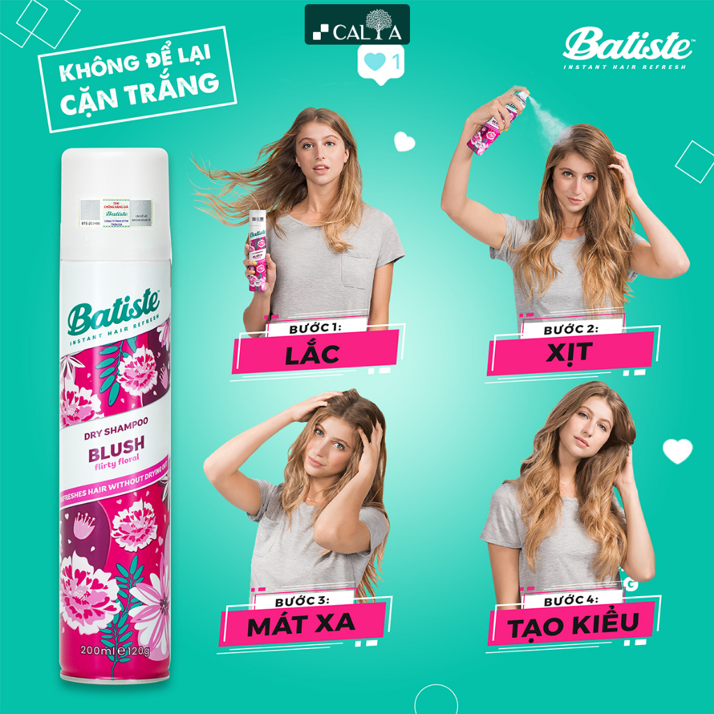 Dầu Gội Khô Batiste Hương Hoa Quyến Rũ, Sạch Dầu Nhờn Tức Thì - Batiste Dry Shampoo Floral & Flirty Blush 200ml