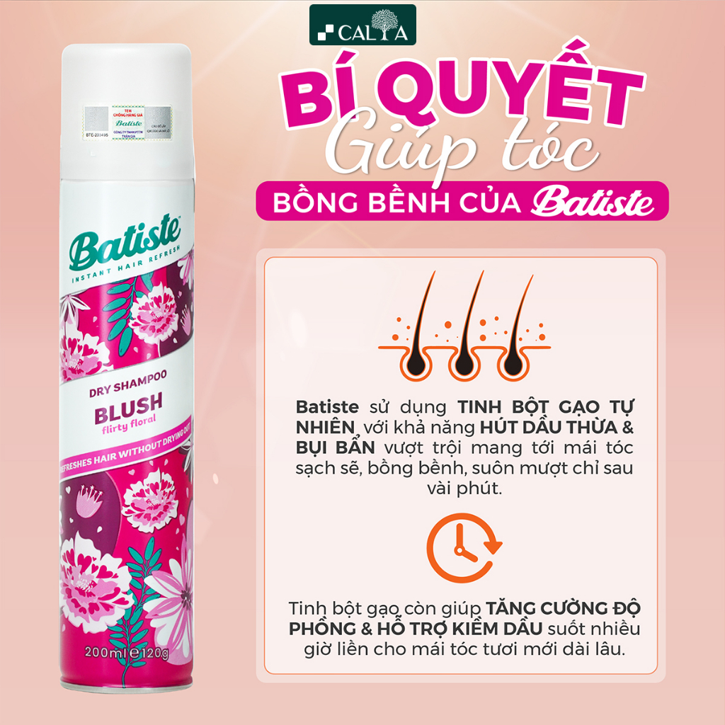 Dầu Gội Khô Batiste Hương Hoa Quyến Rũ, Sạch Dầu Nhờn Tức Thì - Batiste Dry Shampoo Floral & Flirty Blush 200ml