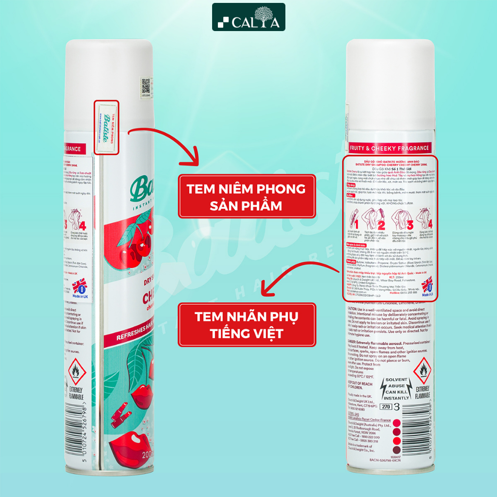 Dầu Gội Khô Hương Anh Đào Thơm Mát, Sạch Dầu Nhờn Tức Thì - Batiste Dry Shampoo Fruity & Cheeky Cherry 200ml