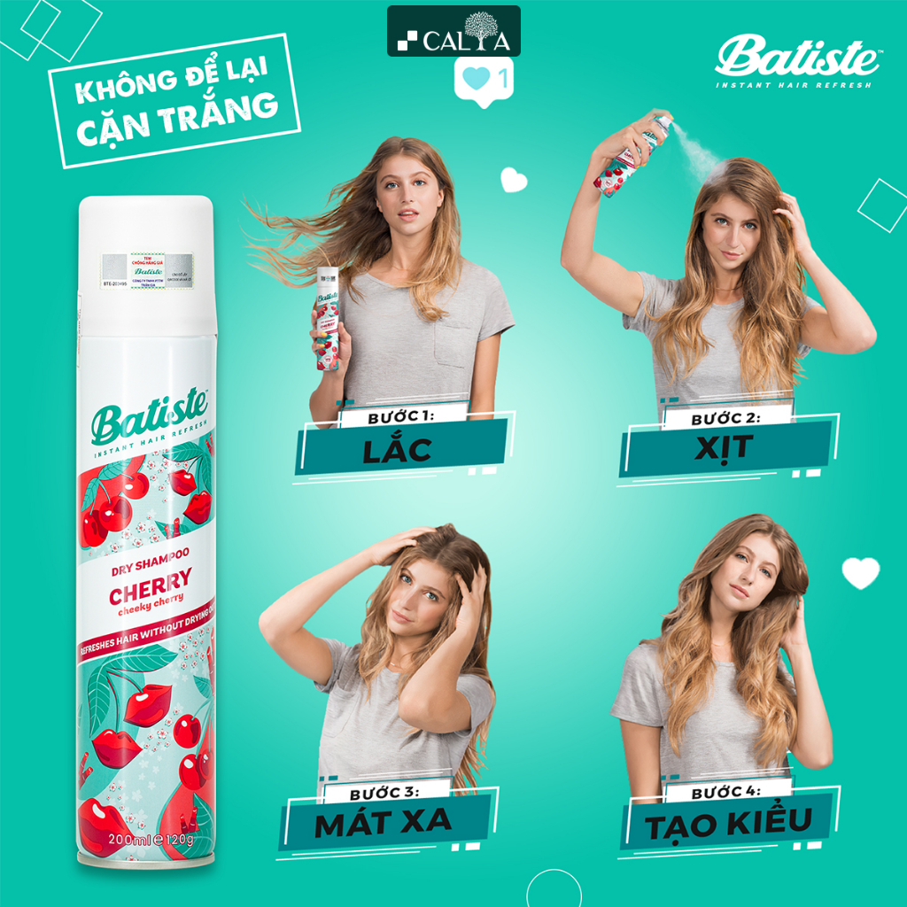 Dầu Gội Khô Hương Anh Đào Thơm Mát, Sạch Dầu Nhờn Tức Thì - Batiste Dry Shampoo Fruity & Cheeky Cherry 200ml