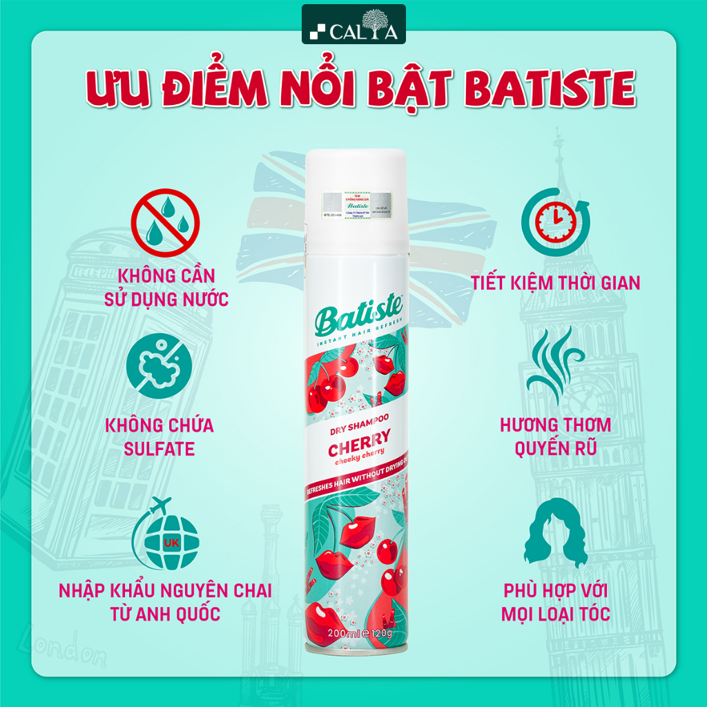 Dầu Gội Khô Hương Anh Đào Thơm Mát, Sạch Dầu Nhờn Tức Thì - Batiste Dry Shampoo Fruity & Cheeky Cherry 200ml