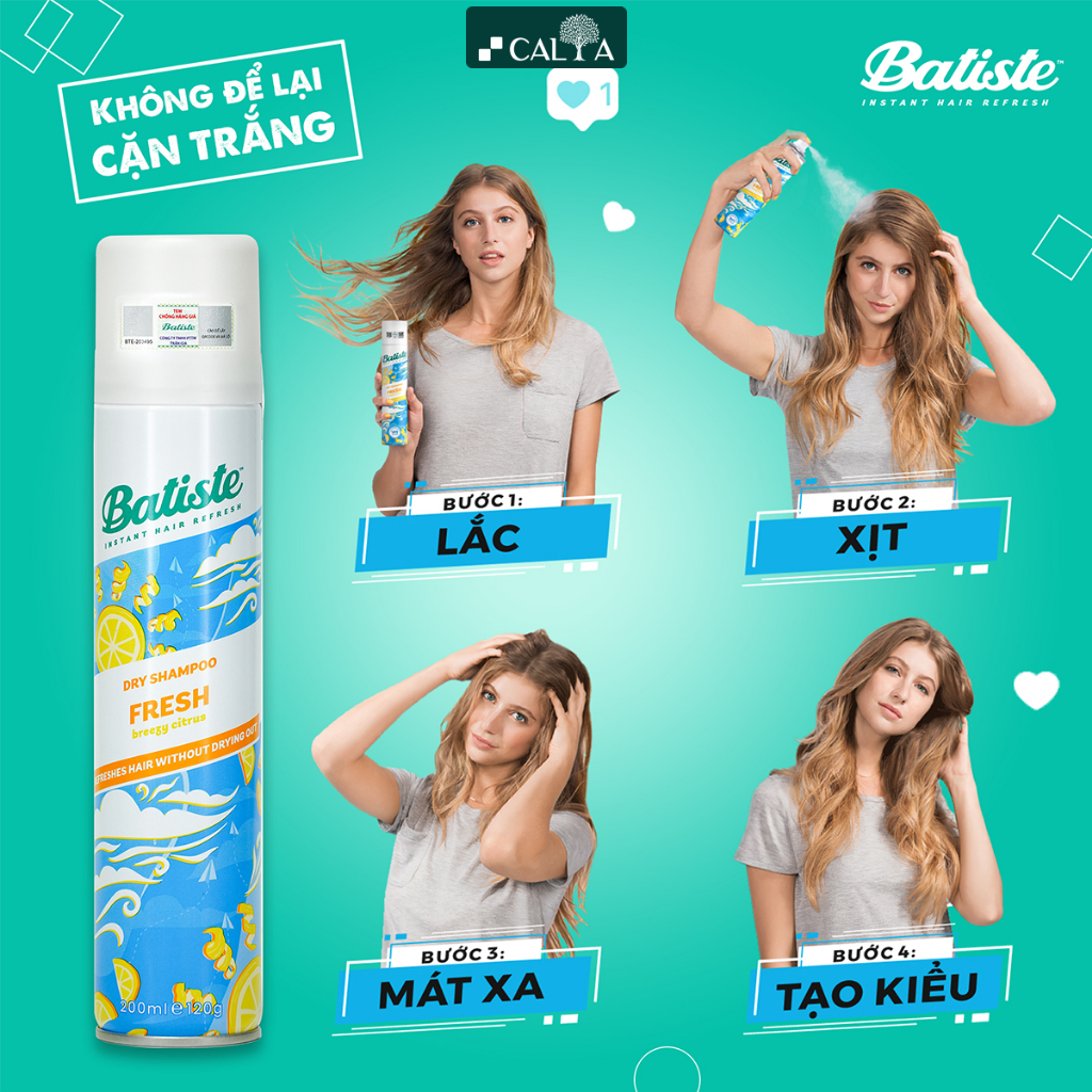 Dầu Gội Khô Batiste Tươi Mát Tức Thì, Giảm Bết Dính - Batiste Dry Shampoo Light & Breezy Fresh 200ml