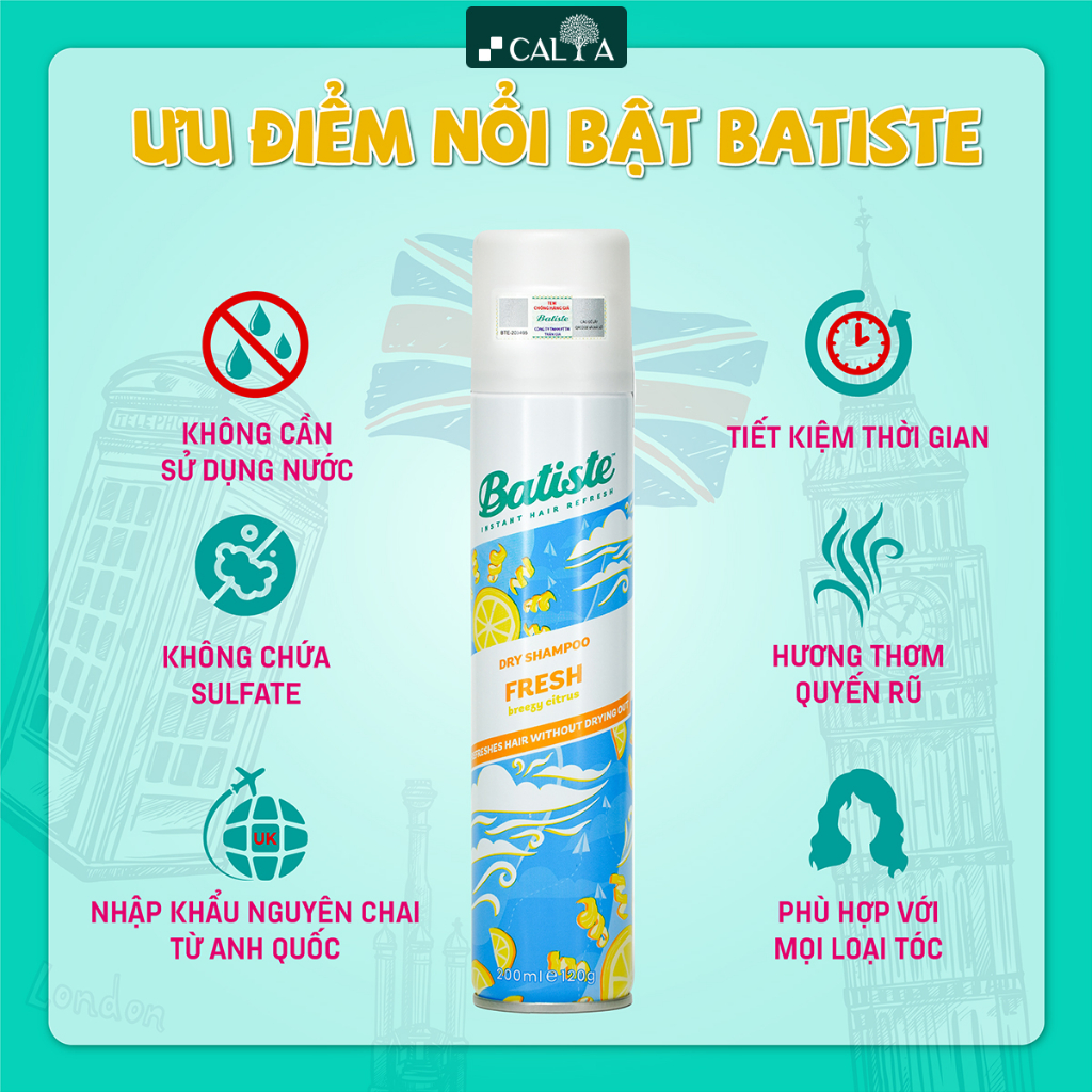 Dầu Gội Khô Batiste Tươi Mát Tức Thì, Giảm Bết Dính - Batiste Dry Shampoo Light & Breezy Fresh 200ml