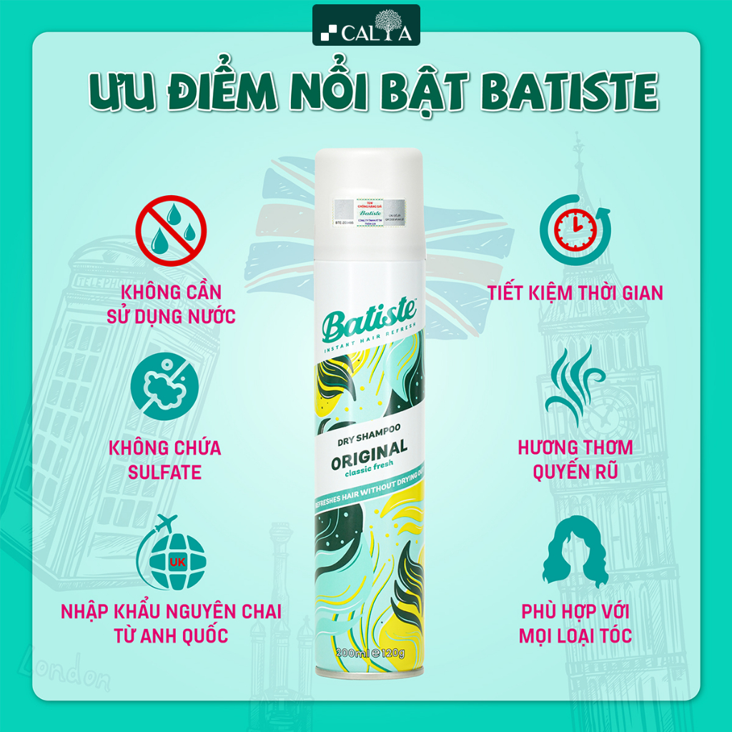 Dầu Gội Khô Hương Cam Chanh Cổ Điển, Sạch Dầu Nhờn Tức Thì - Batiste Dry Shampoo Clean & Classic Original 200ml