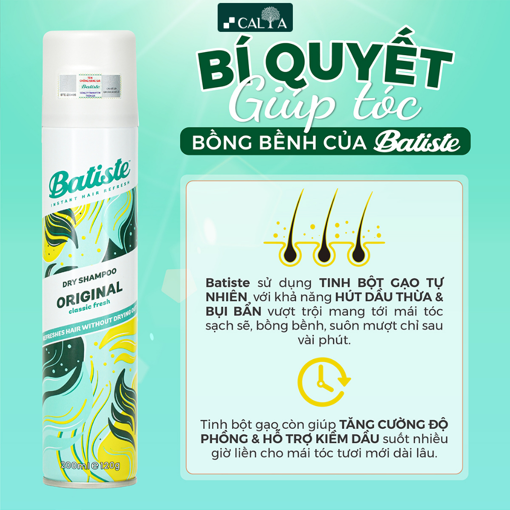 Dầu Gội Khô Hương Cam Chanh Cổ Điển, Sạch Dầu Nhờn Tức Thì - Batiste Dry Shampoo Clean & Classic Original 200ml