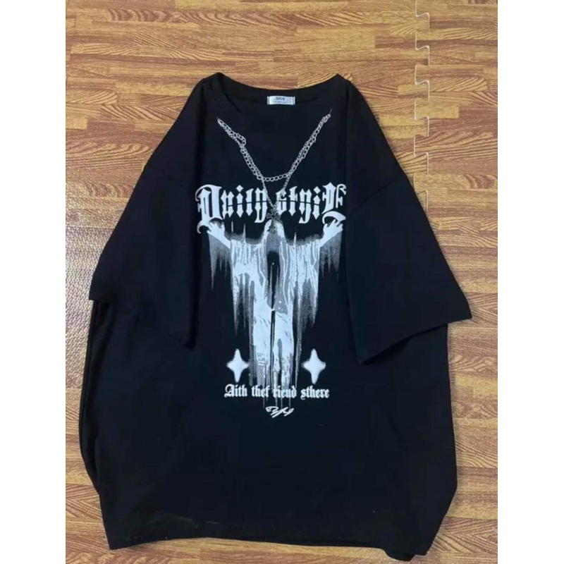 Áo thun Cotton khô 3158 form rộng in chữ 2 mặt kèm phụ kiện xích