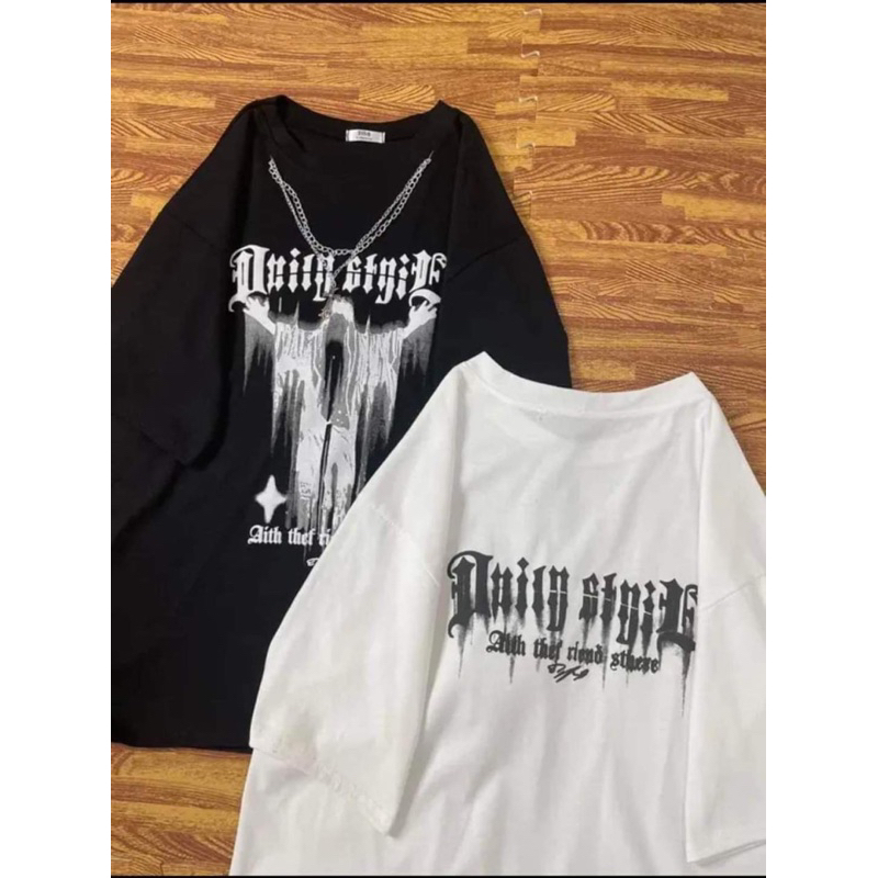 Áo thun Cotton khô 3158 form rộng in chữ 2 mặt kèm phụ kiện xích