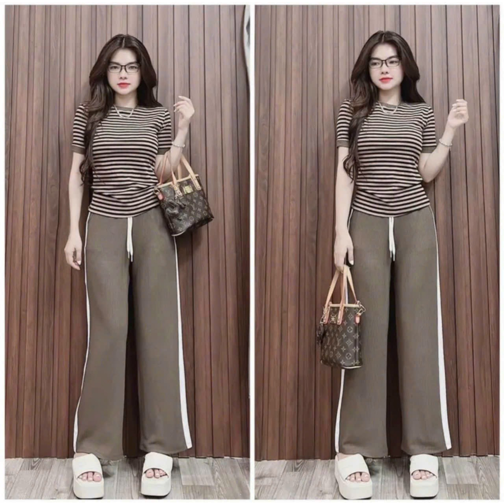 Sét bộ thời trang nữ mặc đi chơi chất thun gân áo phối sọc cổ tròn mix quần suông trơn phối phối viền lai