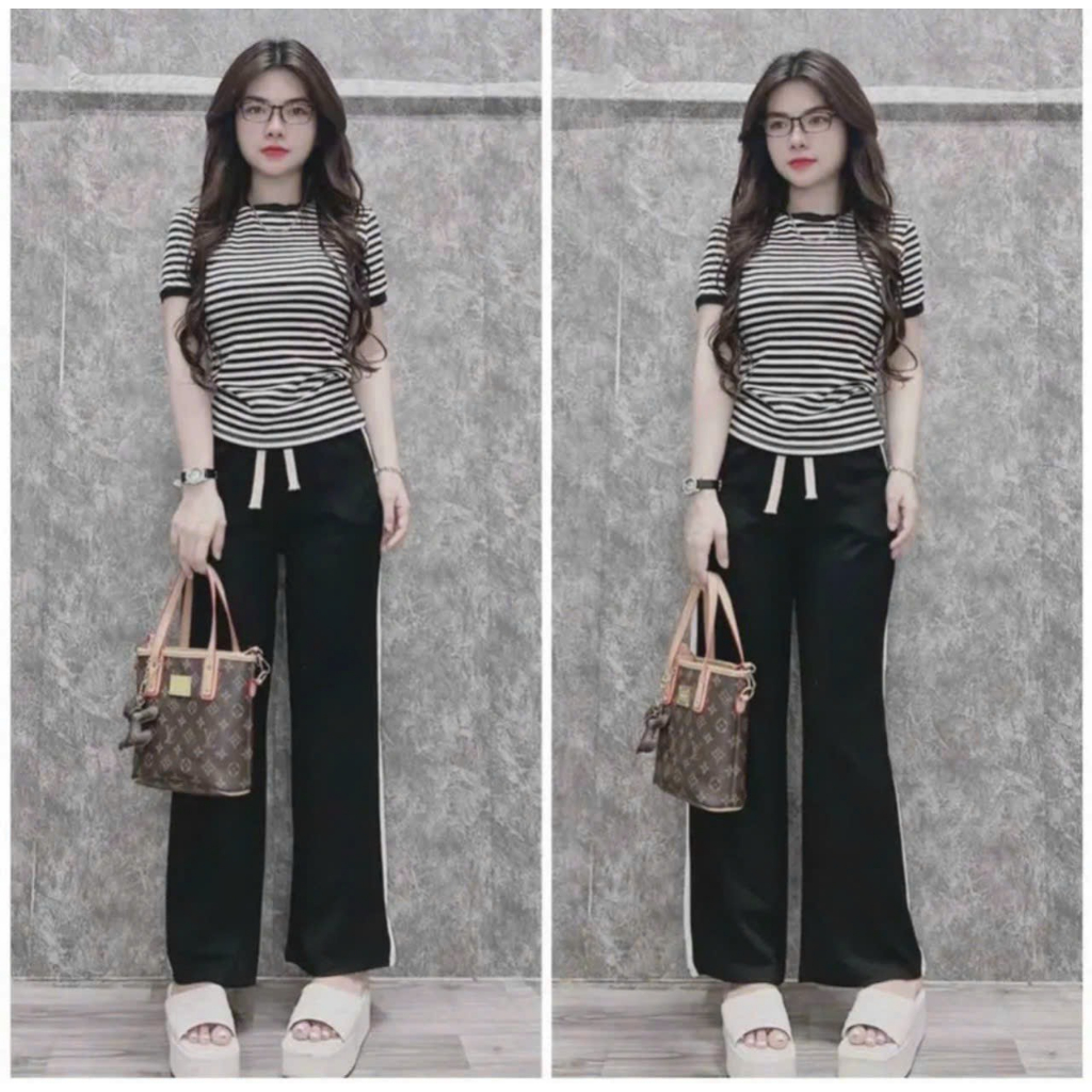 Sét bộ thời trang nữ mặc đi chơi chất thun gân áo phối sọc cổ tròn mix quần suông trơn phối phối viền lai