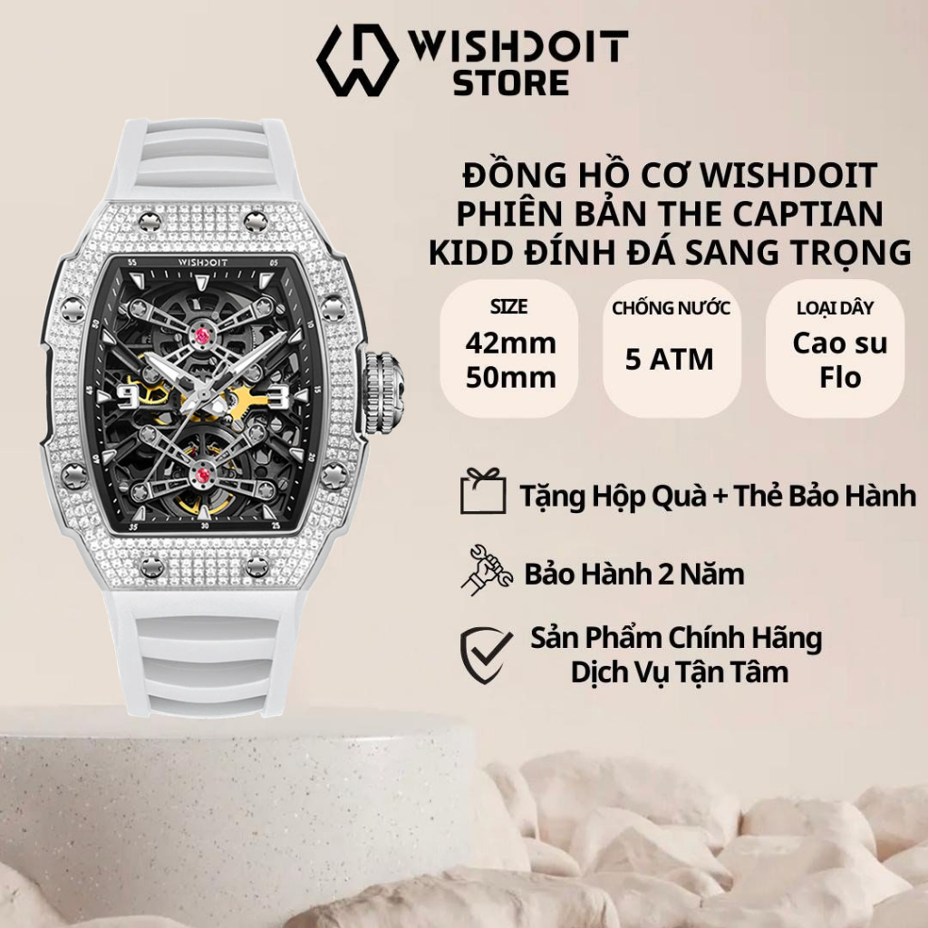 Đồng Hồ Nam WISHDOIT CAPTAIN KIDD-SILVERY WATCH (WHITE STRAP) Đính Đá Cao Cấp