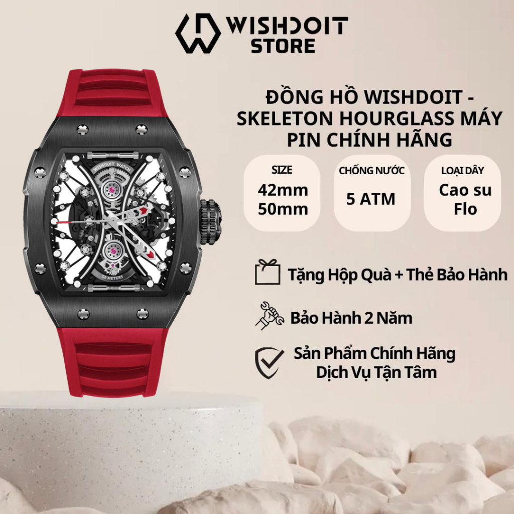 Đồng Hồ Nam WISHDOIT HOURGLASS-BLACK WATCH (RED STRAP) Chạy Pin Chính Hãng