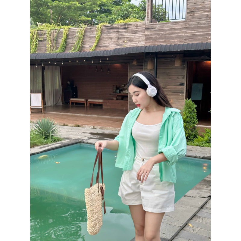 SET 3 MÓN: SƠ MI XANH + 2 DÂY TRẮNG + SHORT TRẮNG 🍀🍀
