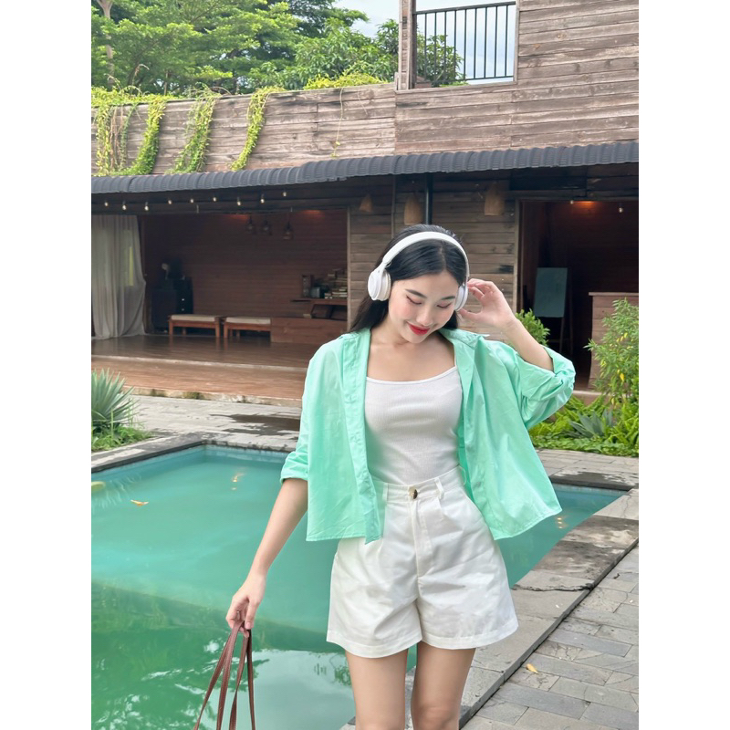 SET 3 MÓN: SƠ MI XANH + 2 DÂY TRẮNG + SHORT TRẮNG 🍀🍀