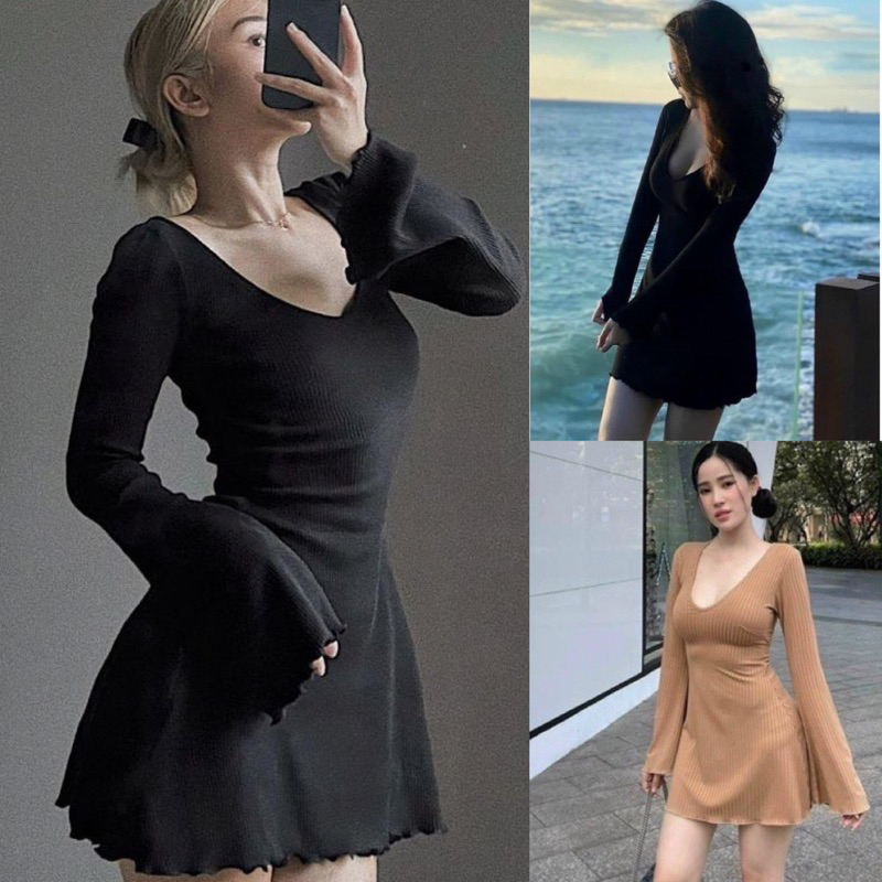 Đầm Tăm Lạnh Cổ Tim Tay Dài Loe Dáng Xoè Viền Bèo