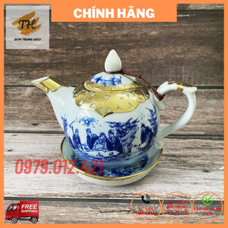 Ấm pha trà lẻ men lam Bát Tràng dáng chóp lửa bọc đồng dung tích 350ml