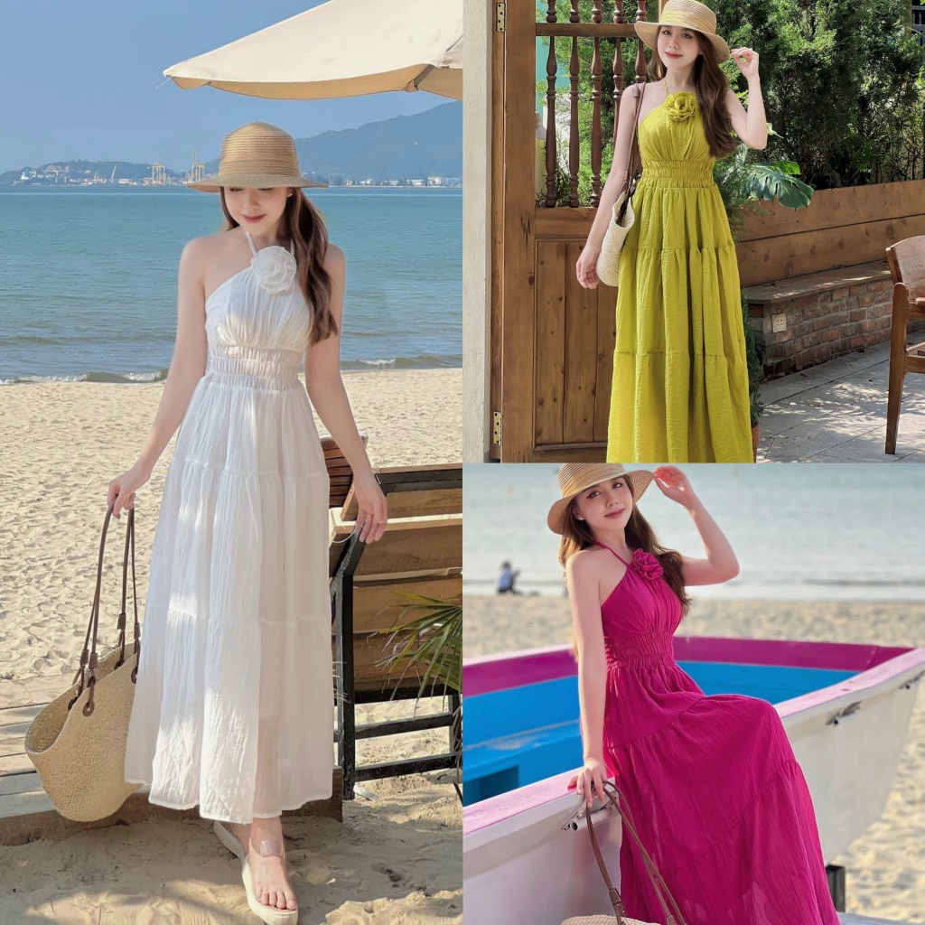 Đầm maxi công chúa dáng xếp ly cổ yếm kèm bông có mút ngực phù hợp đi biển, dạ hội [555]