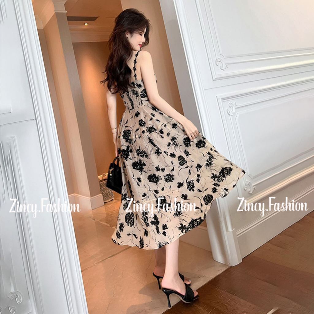Đầm 2 dây hoa xám tiểu thư kèm dây ren cổ, váy nữ dáng dài sang chảnh đi biển đi chơi Zincy HOLAXAM02