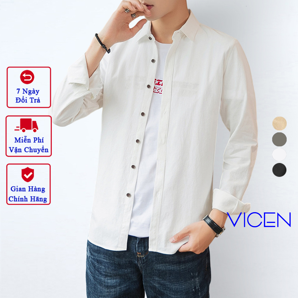 Áo Sơ Mi Cổ Đứng Dài Tay Vicenzo Vải Cotton Mềm Mát Mẫu Hot 2023, Áo Sơ Mi Nam Dài Tay Cổ Đứng Form Cơ Bản Trẻ Trung