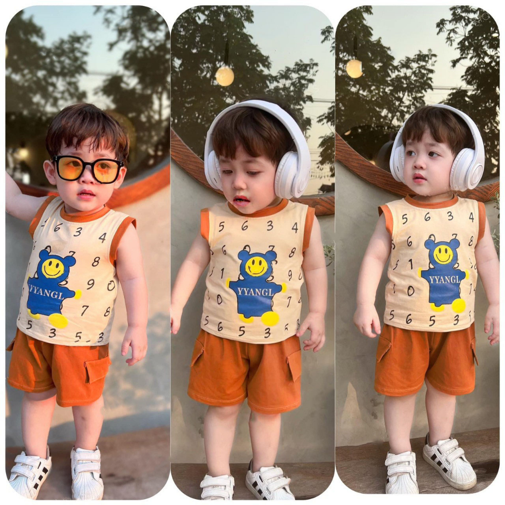 Bộ ba lỗ cho bé - Quần áo bé trai hoạ tiết gấu và số chất cotton size 7-18 kg - Duck Kids