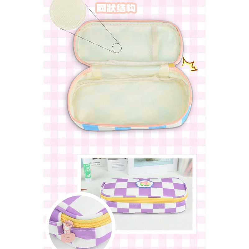 ( TẶNG BÚT ) Túi đựng bút caro hoạt hình có quai xách 4 gam màu cute