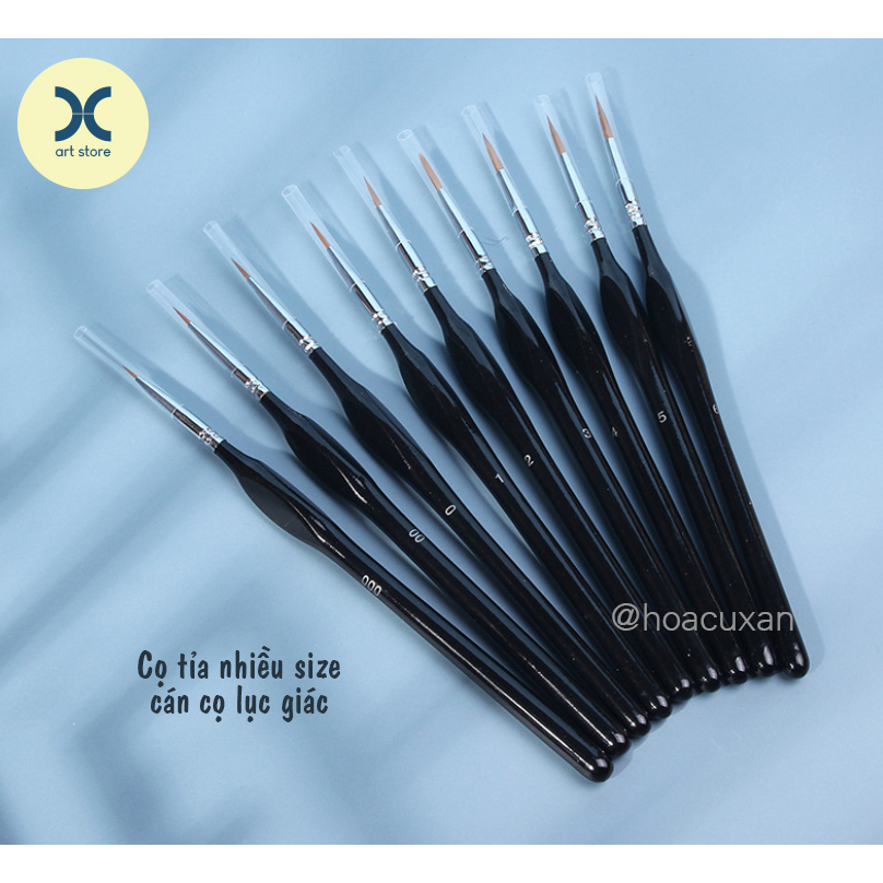 Cọ tỉa nhiều size thân gỗ sơn bóng, cán cọ lục giác