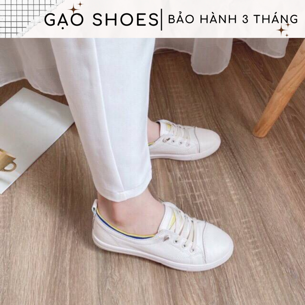 Giày Thể Thao Nữ Basic Phối Viền Chun Giày Nữ Trắng Viền Vàng Da Mềm ...