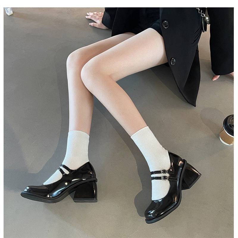 Giày cao gót nữ mary jane đế vuông 6 phân mũi tròn dáng tiểu thư  - Giày cao gót da trơn có quai phong cách cổ điển