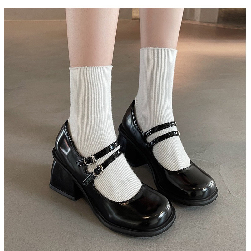 Giày cao gót nữ mary jane đế vuông 6 phân mũi tròn dáng tiểu thư  - Giày cao gót da trơn có quai phong cách cổ điển