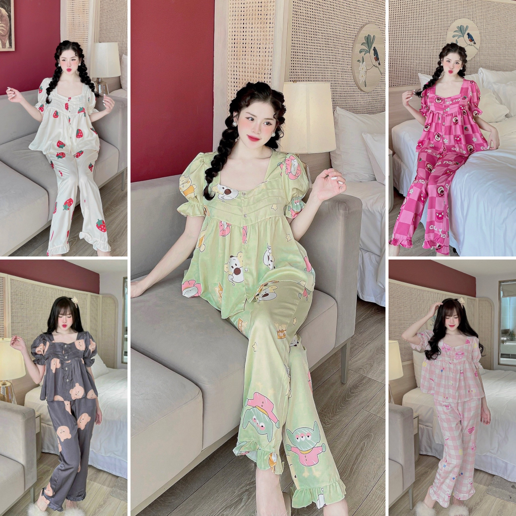 Set đồ nữ gấu dâu hồng, đồ ngủ nữ tay ngắn lụa ngọc trai loại 1, đồ mặc nhà nữ siêu mềm mịn, pijama lụa dài tiểu thư