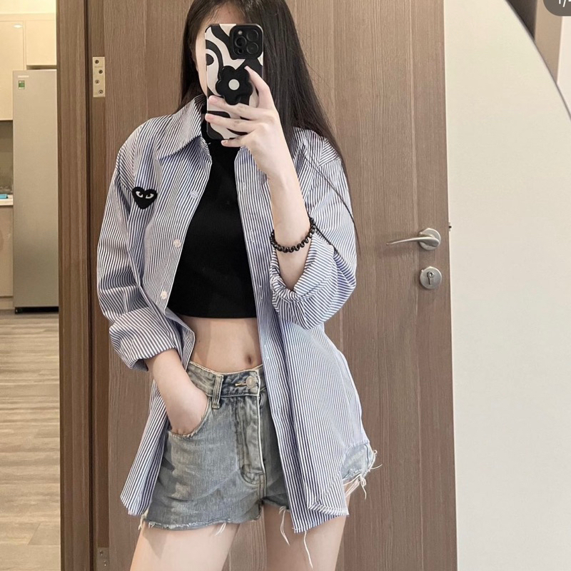 Áo sơ mi kẻ sọc thêu tim | SẴN HOẢ TỐC HN