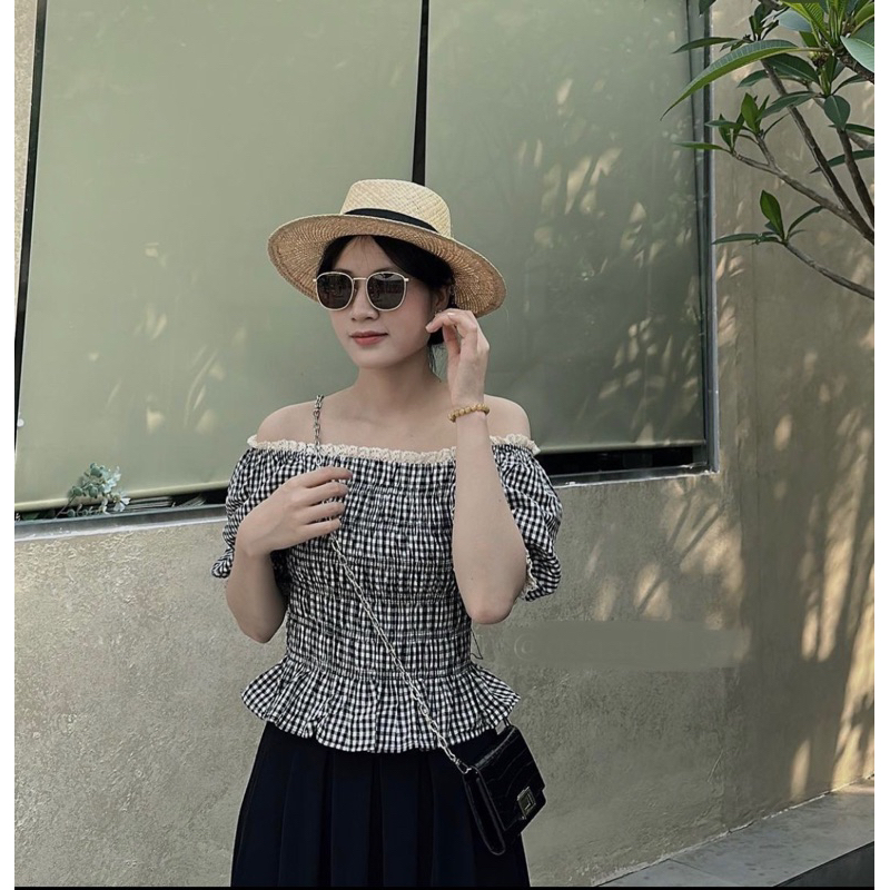 Áo Kẻ Gingham Caro Viền Ren Thân Pha Chun Phong Cách Hàn Quốc Vintage
