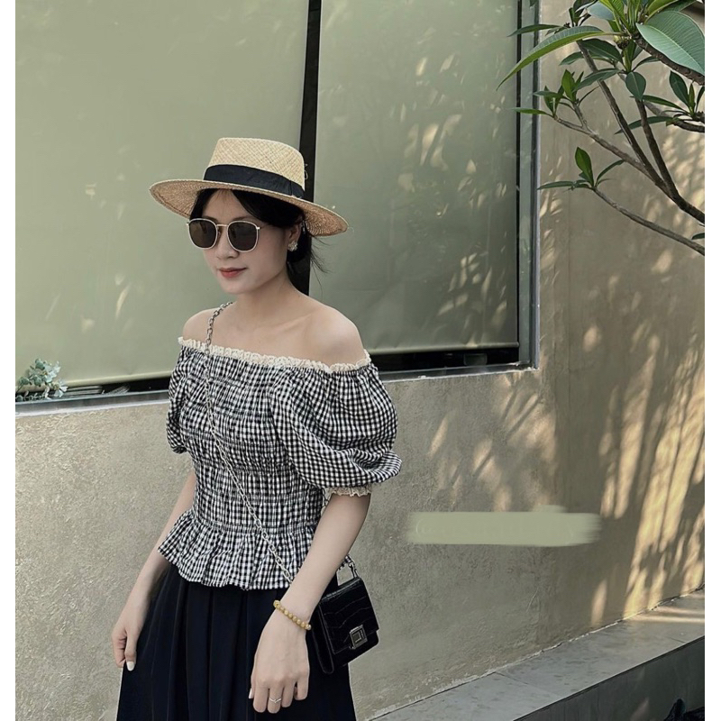 Áo Kẻ Gingham Caro Viền Ren Thân Pha Chun Phong Cách Hàn Quốc Vintage