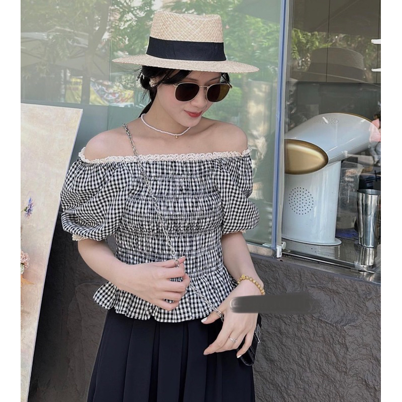 Áo Kẻ Gingham Caro Viền Ren Thân Pha Chun Phong Cách Hàn Quốc Vintage