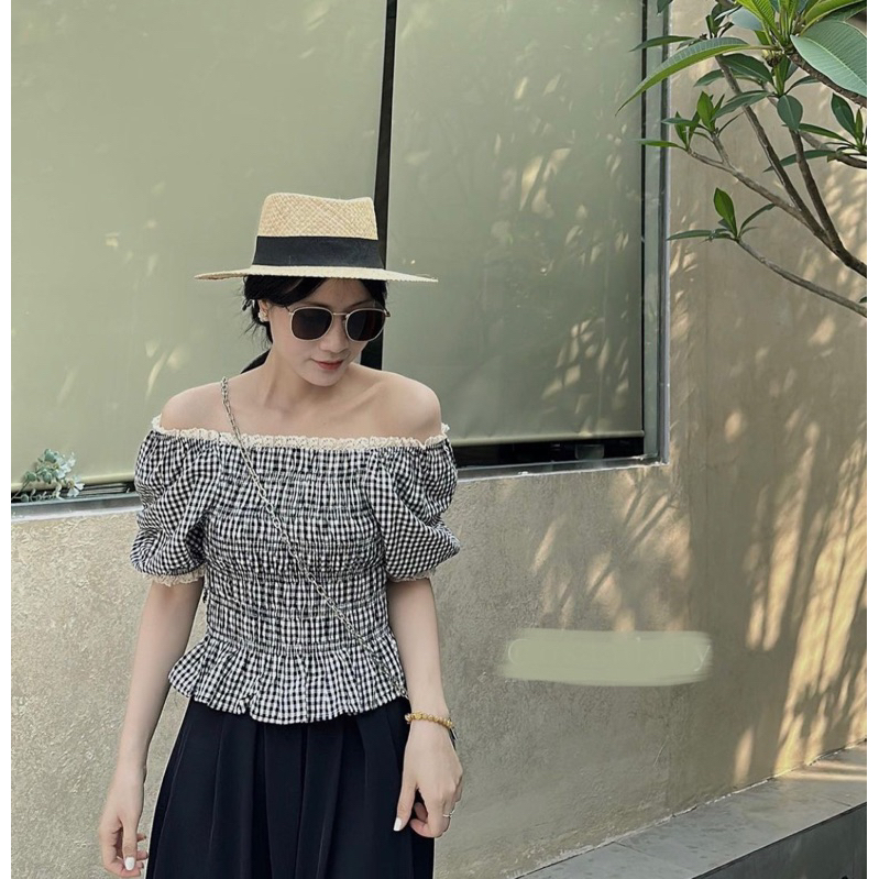 Áo Kẻ Gingham Caro Viền Ren Thân Pha Chun Phong Cách Hàn Quốc Vintage