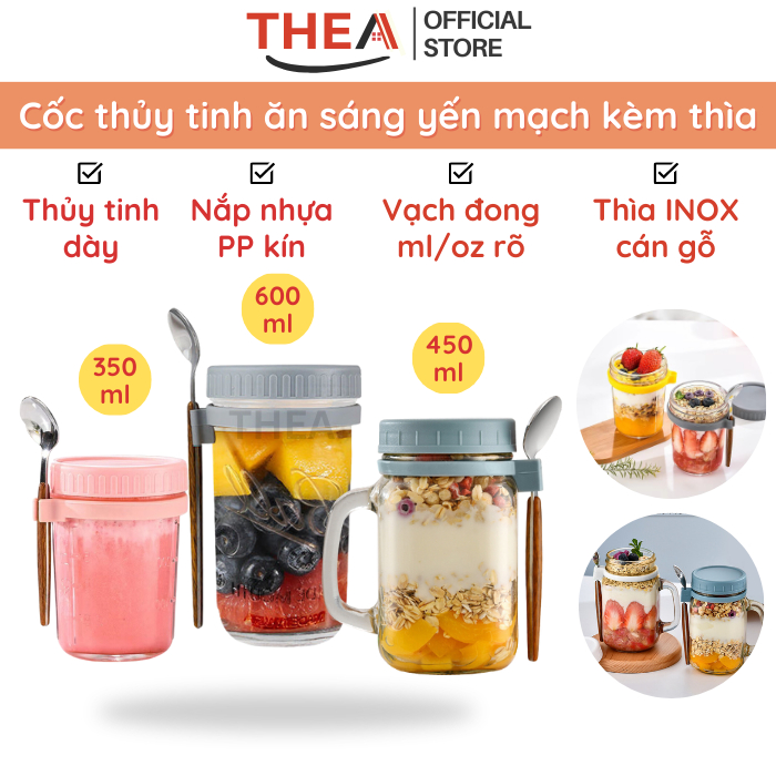 Cốc ly thủy tinh ăn ngũ cốc ăn sáng, đựng gia vị, đựng mứt có nắp, có vạch chia kèm muỗng inox cán gỗ sang trọng - THEA