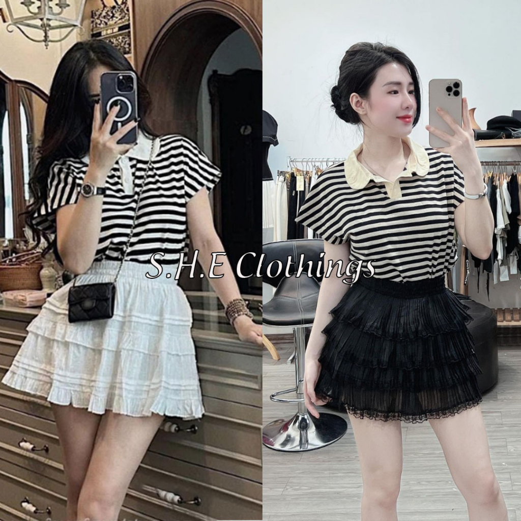 Áo Kẻ Đen Trắng Phối Cổ Sen Cúc Cài Áo Thun Kẻ Ngang Cộc Tay Cổ Bẻ Freesize S106